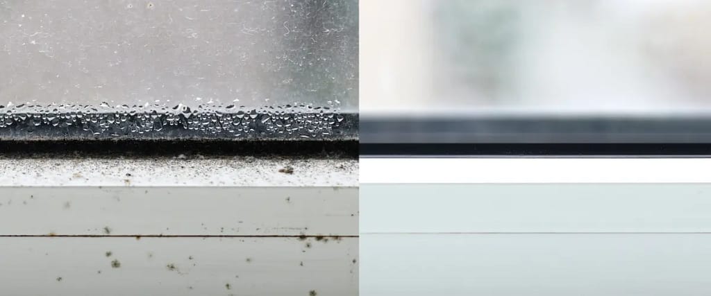 Close-up of a window with condensation and mold buildup along the sill and frame.